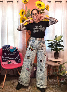 Music icons embroidery patches wide legs jean in acid wash