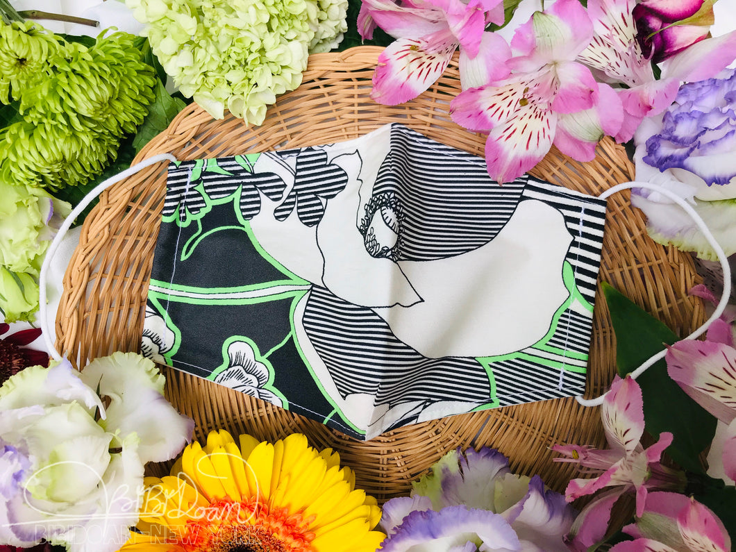 Green Big Floral & Stripe Mask